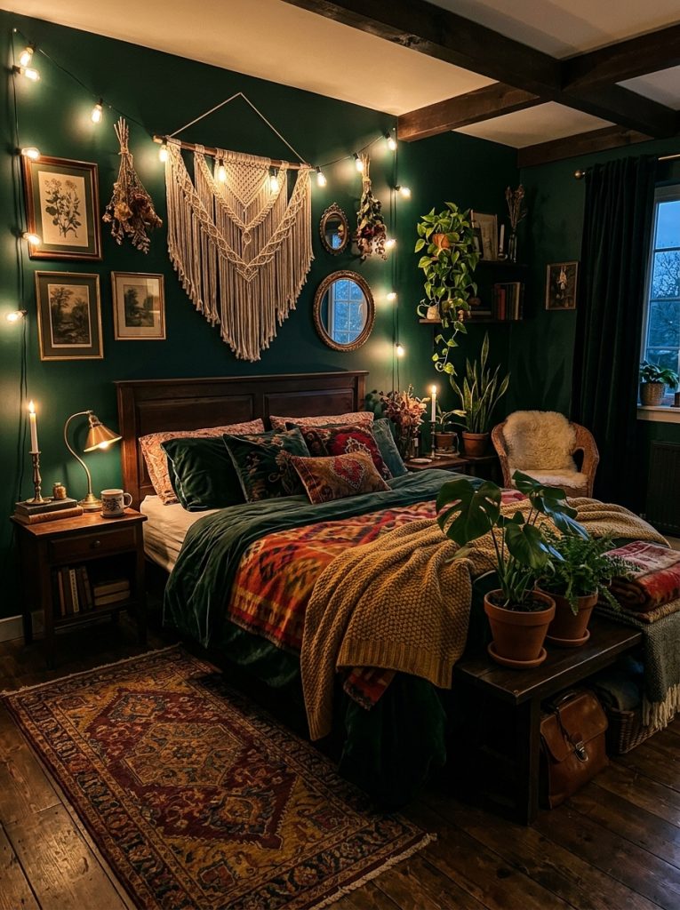 Dark moody boho bedroom with deep jewel tone walls layered rich textiles vintage woven rug macrame wall hanging brass candle holders and warm ambient intimate lighting