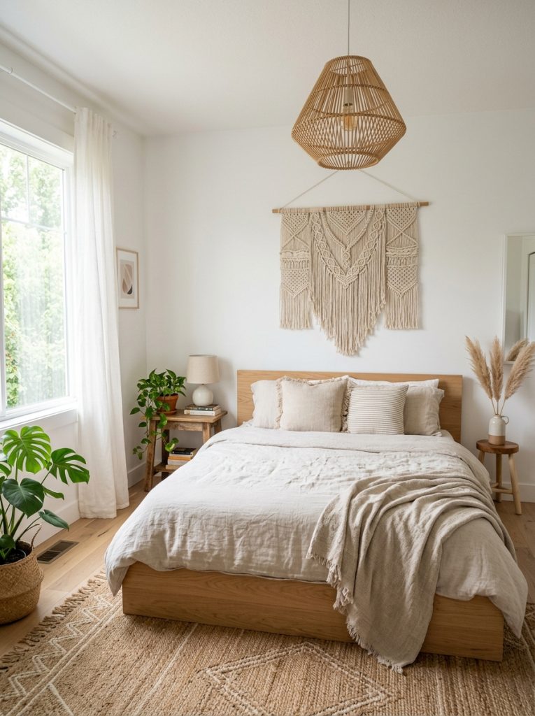 Modern boho bedroom with clean white walls low natural wood platform bed neutral linen bedding statement macrame one plant geometric rattan pendant light calm and uncluttered