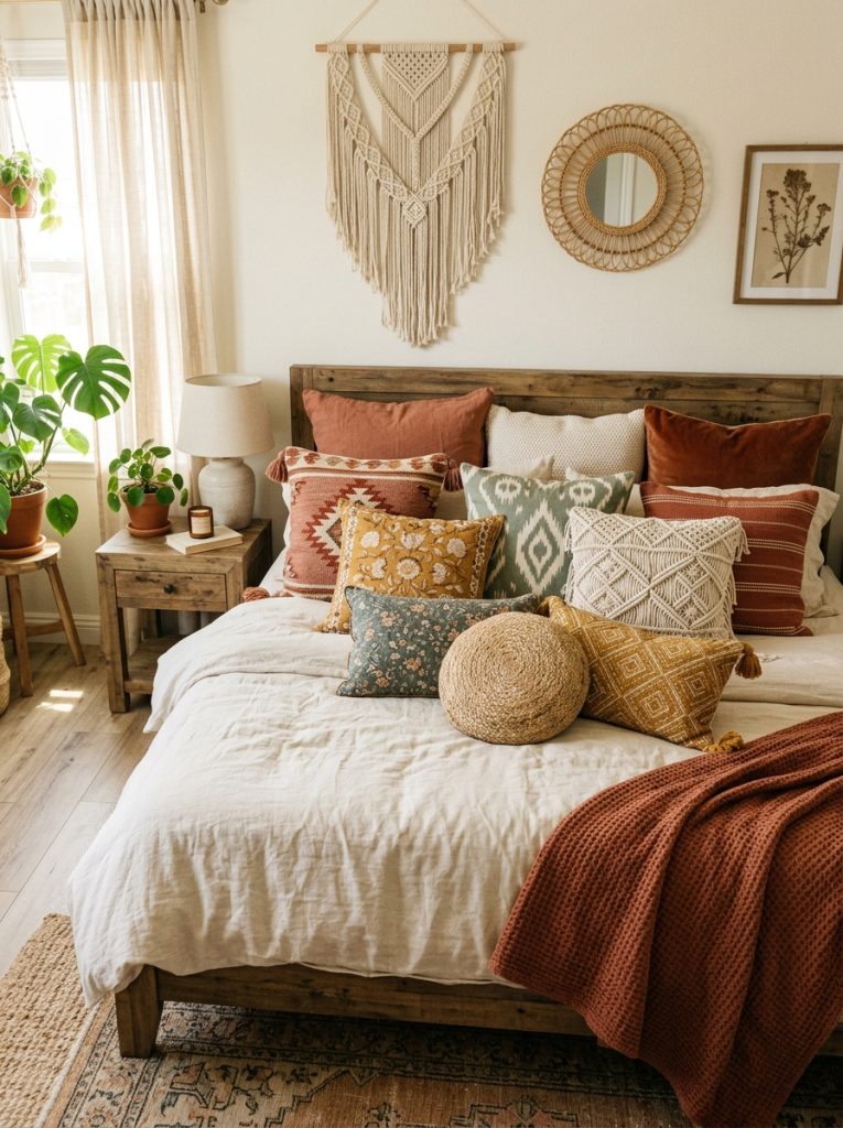 Boho bedroom bed styled with collection of throw pillow covers in woven geometric tribal and floral patterns in terracotta mustard sage cream and rust tones