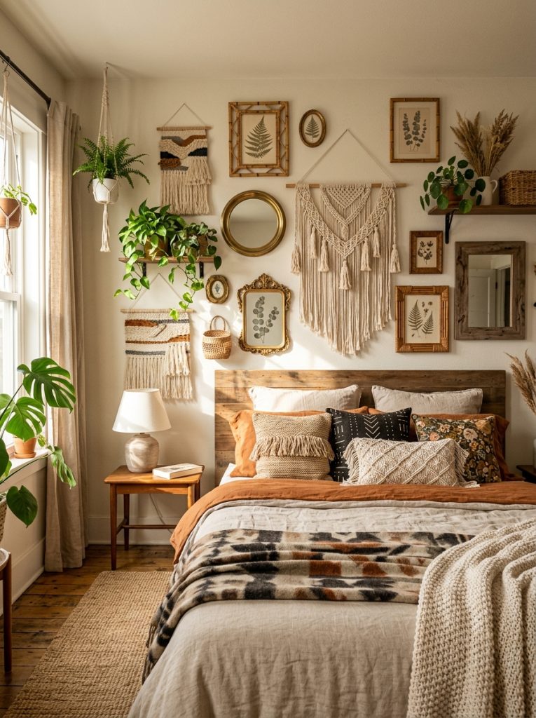 Boho bedroom with eclectic gallery wall above bed mixing macrame woven textiles botanical prints rattan frames vintage mirrors small plants arranged in organic collected layout