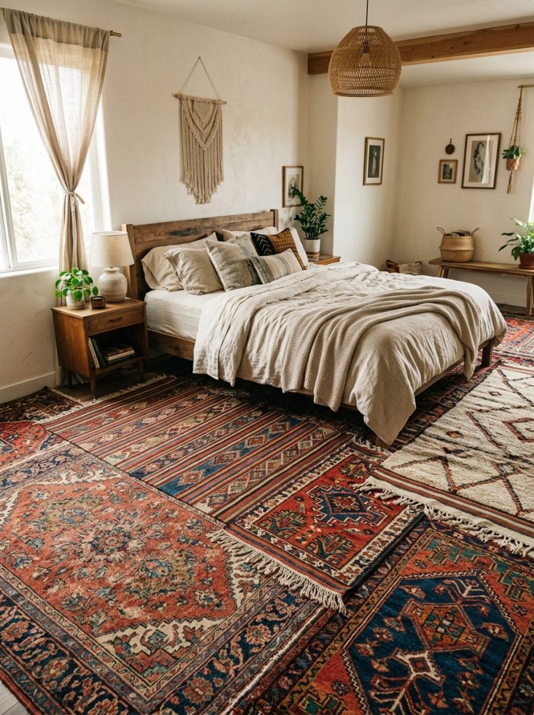 Boho bedroom with layered vintage rugs kilim Persian and Turkish patterns layered on floor rich patterned colors working together harmoniously with simple neutral bedding above