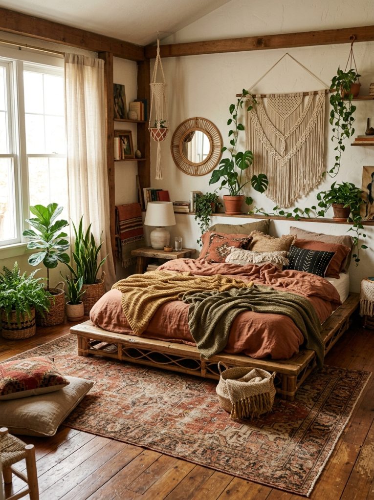 Boho bedroom centered around low platform bed in natural wood rattan layered earth tone bedding plants macrame at floor level vintage rug underneath intimate grounded feel