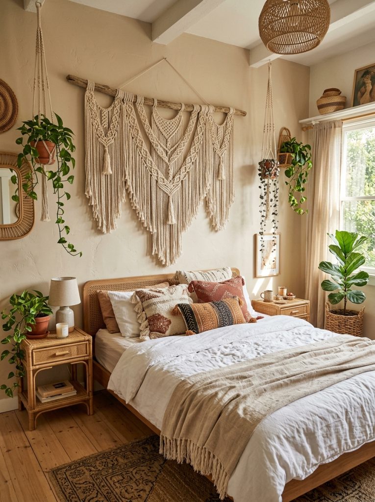 Boho bedroom with large statement macrame wall hanging above bed intricate knotted pattern cream cotton tassels rattan furniture and trailing plants