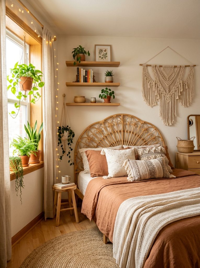 Small boho bedroom with rattan headboard minimal natural texture furniture floating shelves one statement macrame plants on windowsill fairy lights maximizing space without sacrificing style