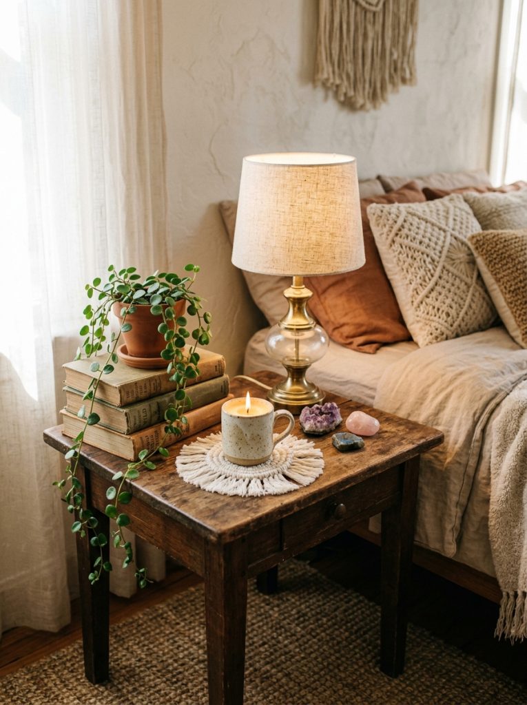 Beautifully styled boho bedroom nightstand with stacked books trailing plant ceramic candle holder macrame coaster crystals vintage lamp warm light organic layered personal curation