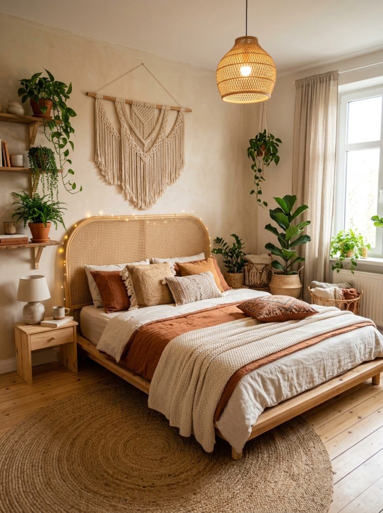 Beautiful boho bedroom with rattan headboard layered earth tone textiles macrame wall hanging trailing plants jute rug and fairy lights creating a cozy natural personal space