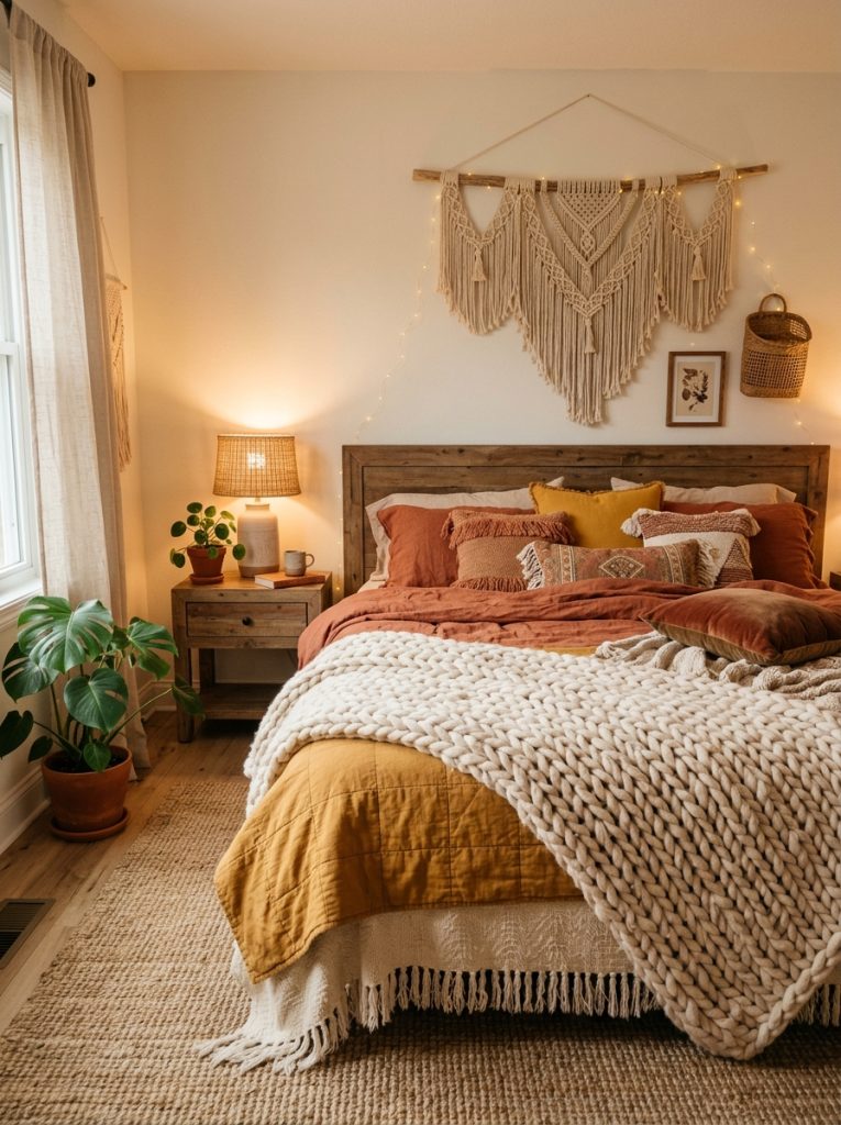Boho bedroom with layered warm textiles chunky knit throw linen duvet earth tone pillows jute rug and macrame wall hanging in warm amber light