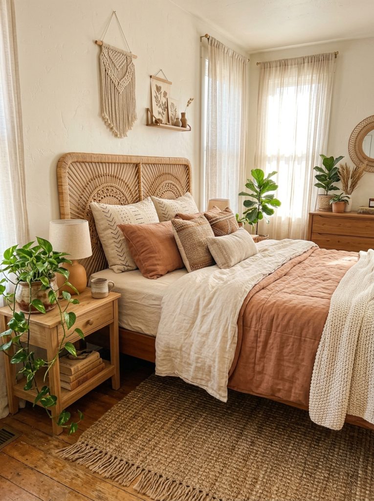 Boho bedroom with natural rattan headboard earth tone linen bedding layered cream and terracotta pillows trailing plant and sheer curtains in warm natural light