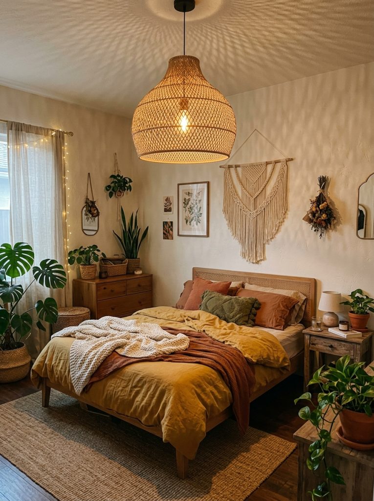 Boho bedroom with statement rattan pendant light shade hanging above bed casting warm dappled light through woven texture complementing earth tone bedding and macrame