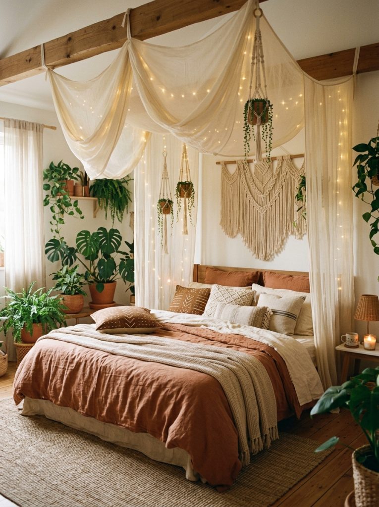 Dreamy boho bedroom with sheer bed canopy draped from ceiling creating intimate cocoon with fairy lights woven in layered earth tone bedding plants and macrame surrounding