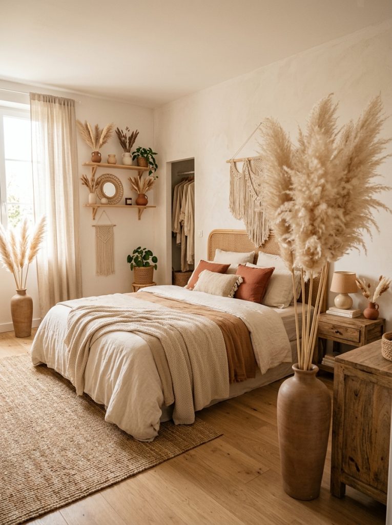 Boho bedroom with dried pampas grass in tall vases soft feathery cream plumes displayed in corners on shelves and beside bed adding organic texture and movement