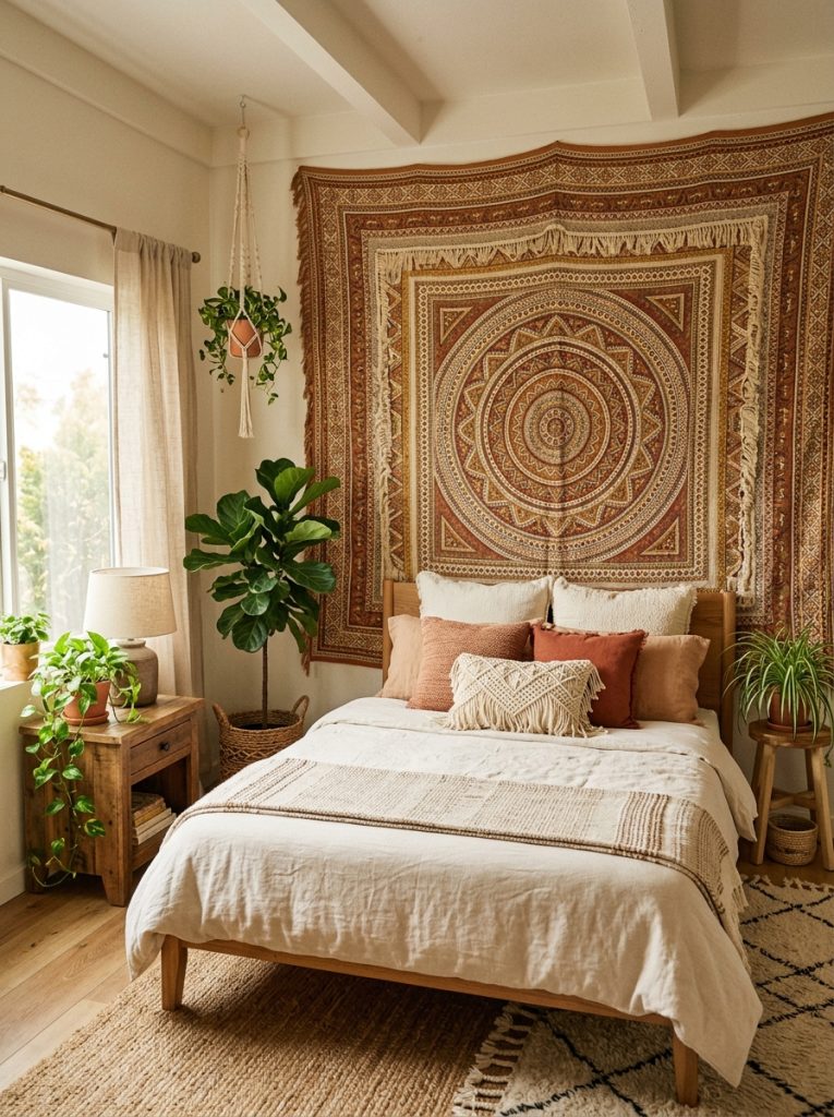 Boho bedroom with large statement tapestry covering full wall above bed intricate mandala geometric tribal pattern in rust terracotta gold and cream earth tones