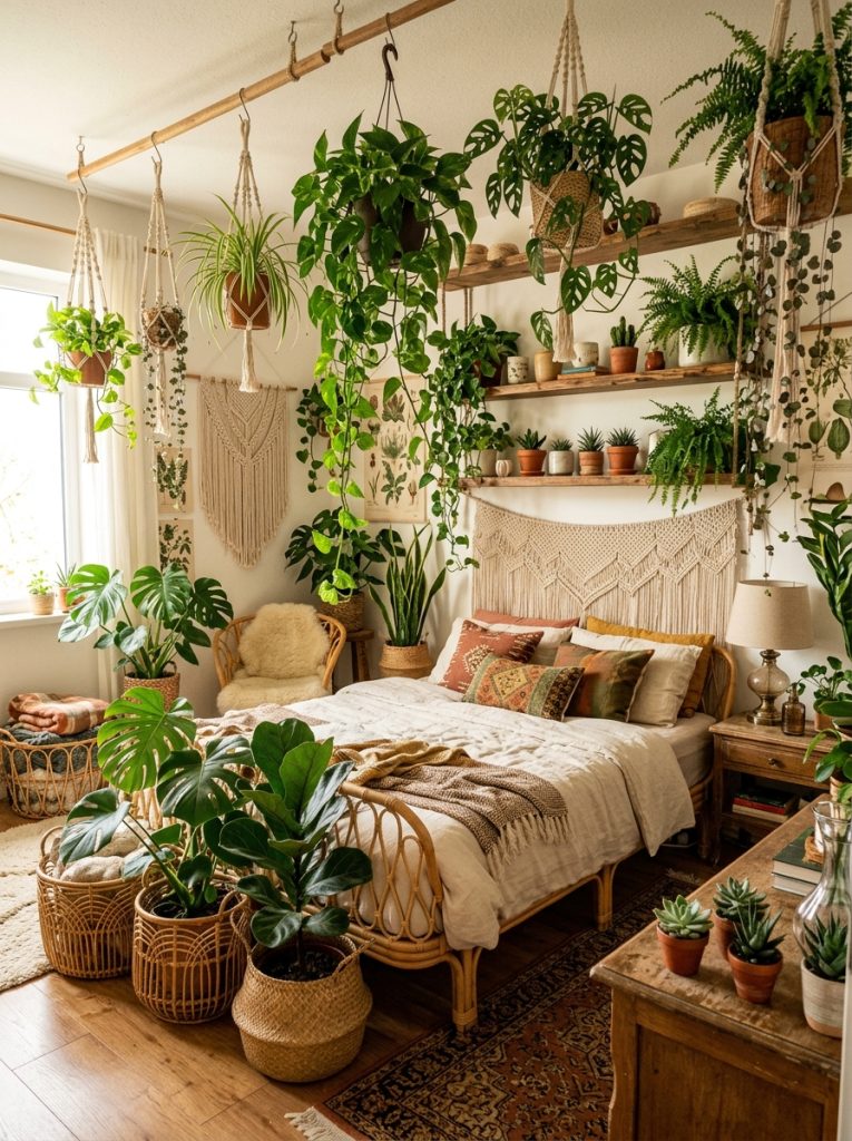 Plant-filled boho bedroom with trailing pothos monstera on shelves hanging plants from ceiling small succulents nightstand floor plants in woven baskets living indoor garden