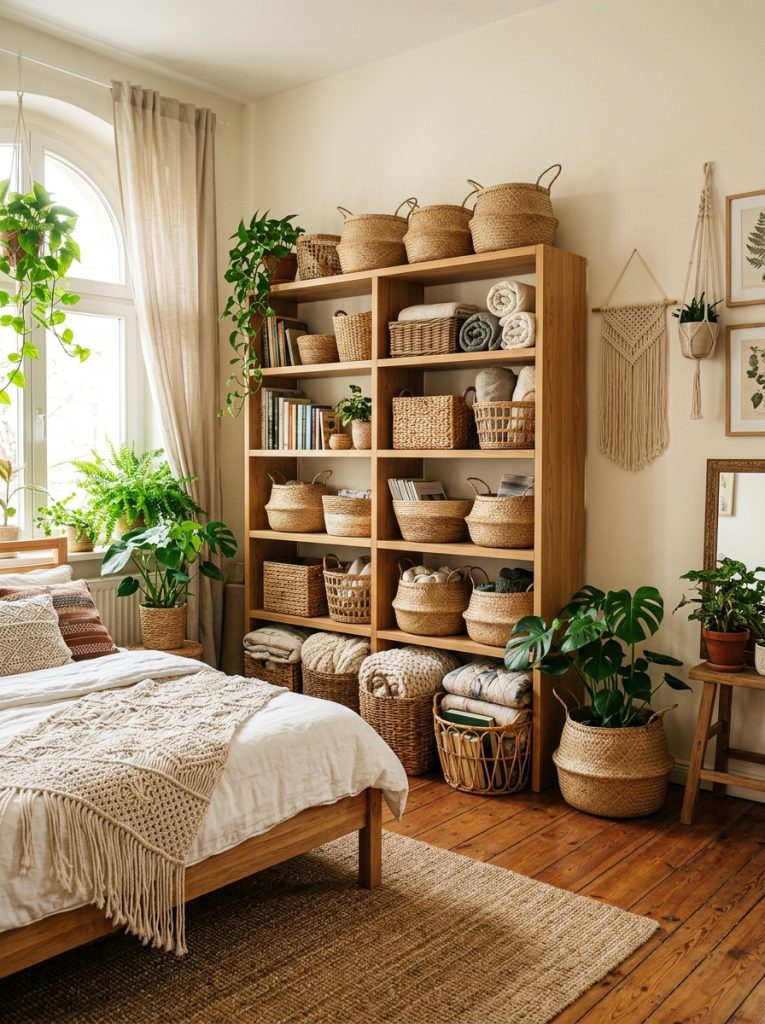 Organized boho bedroom with woven storage baskets on shelves and floor in varying sizes holding blankets books and plants natural seagrass wicker texture