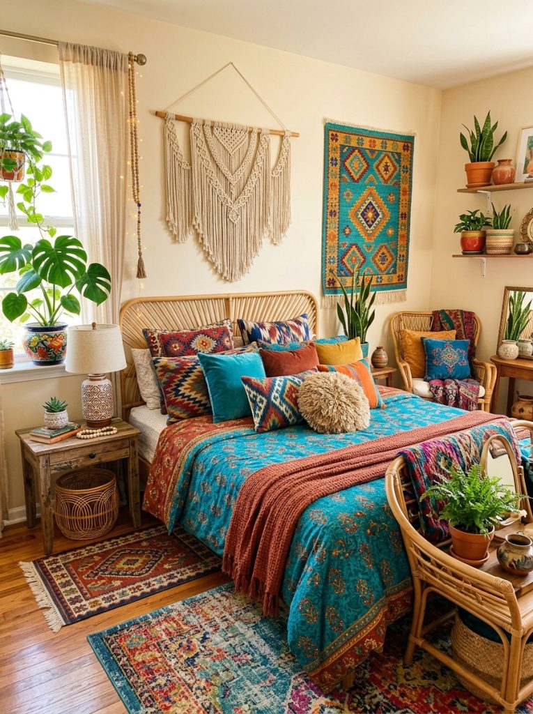 Colorful boho bedroom with jewel toned bedding turquoise rust and gold layered patterned pillows colorful geometric tapestry plants in ceramic pots macrame and rattan furniture