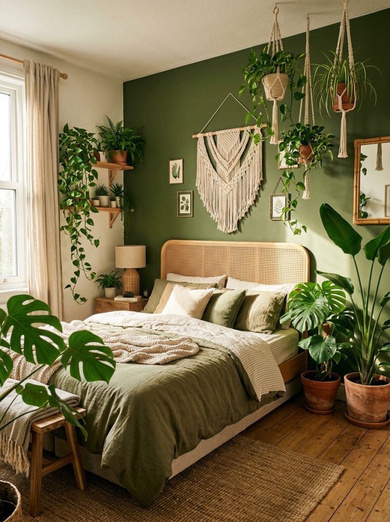 Green boho bedroom with forest olive green accent wall natural wood rattan headboard abundant plants monstera bird of paradise trailing pothos natural linen bedding macrame