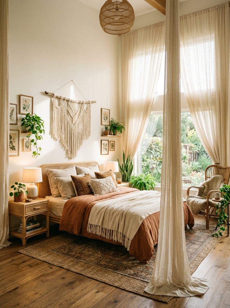 Boho bedroom with floor to ceiling sheer linen curtains cream warm white flowing from ceiling to floor airy ethereal atmosphere with earthy boho bedding rattan macrame