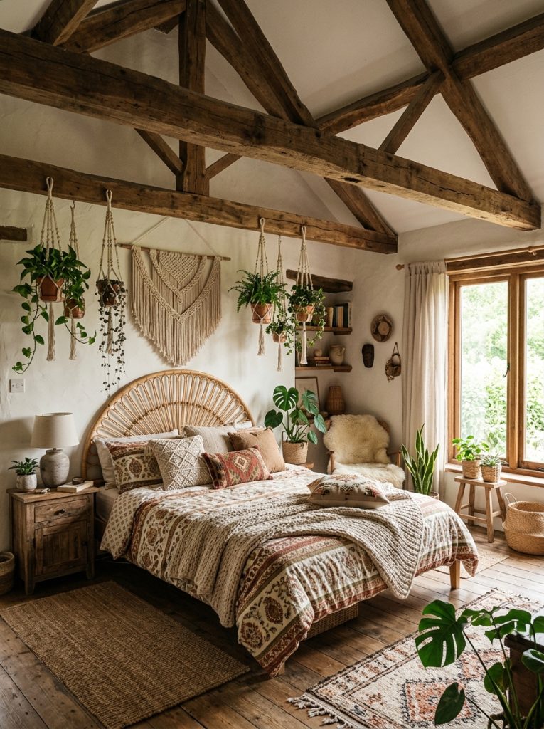 Boho bedroom with exposed wood beam ceiling natural rustic beams above layered boho bedding rattan headboard hanging plants from beams macrame warm natural light