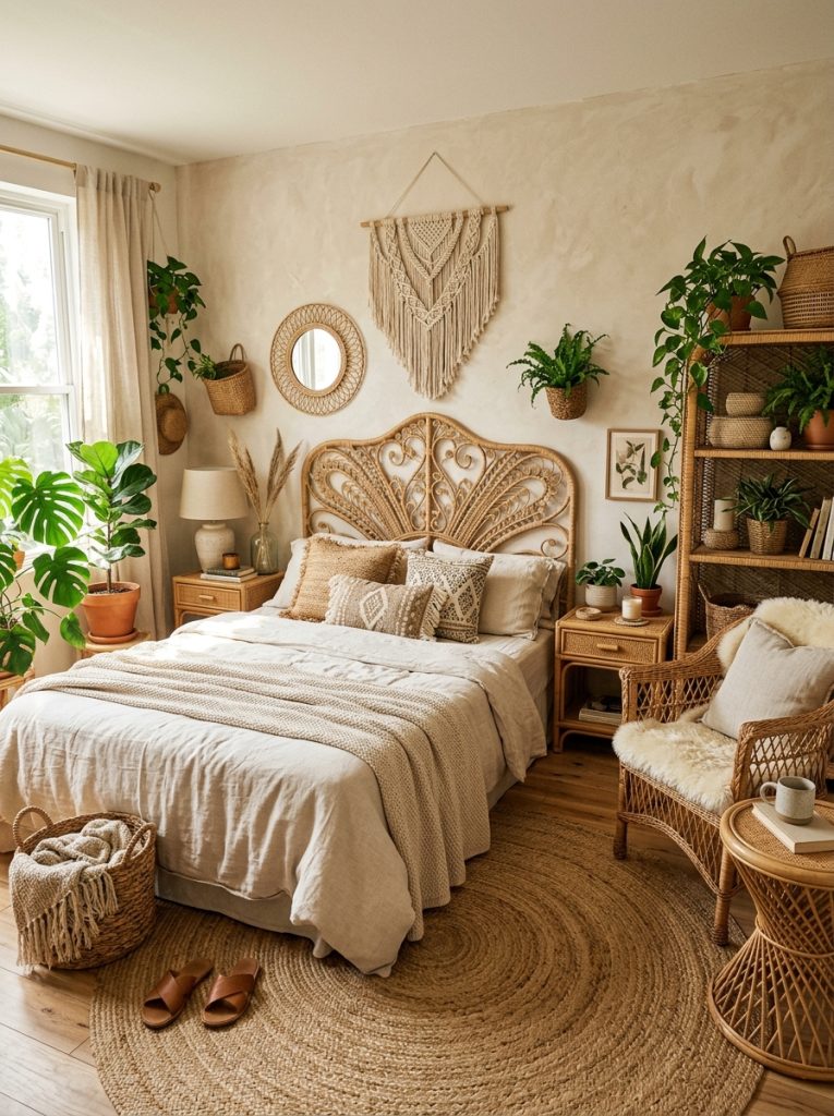 Boho bedroom with full wicker furniture set headboard bedside tables chairs and shelving cohesive natural woven aesthetic natural linen bedding plants macrame tropical boho retreat
