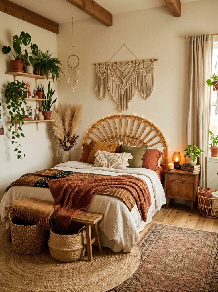 Complete boho bedroom with rattan headboard layered earth tone textiles macrame pampas grass plant wall jute rug fairy lights woven baskets vintage rug candles the most personal beautiful sleeping space