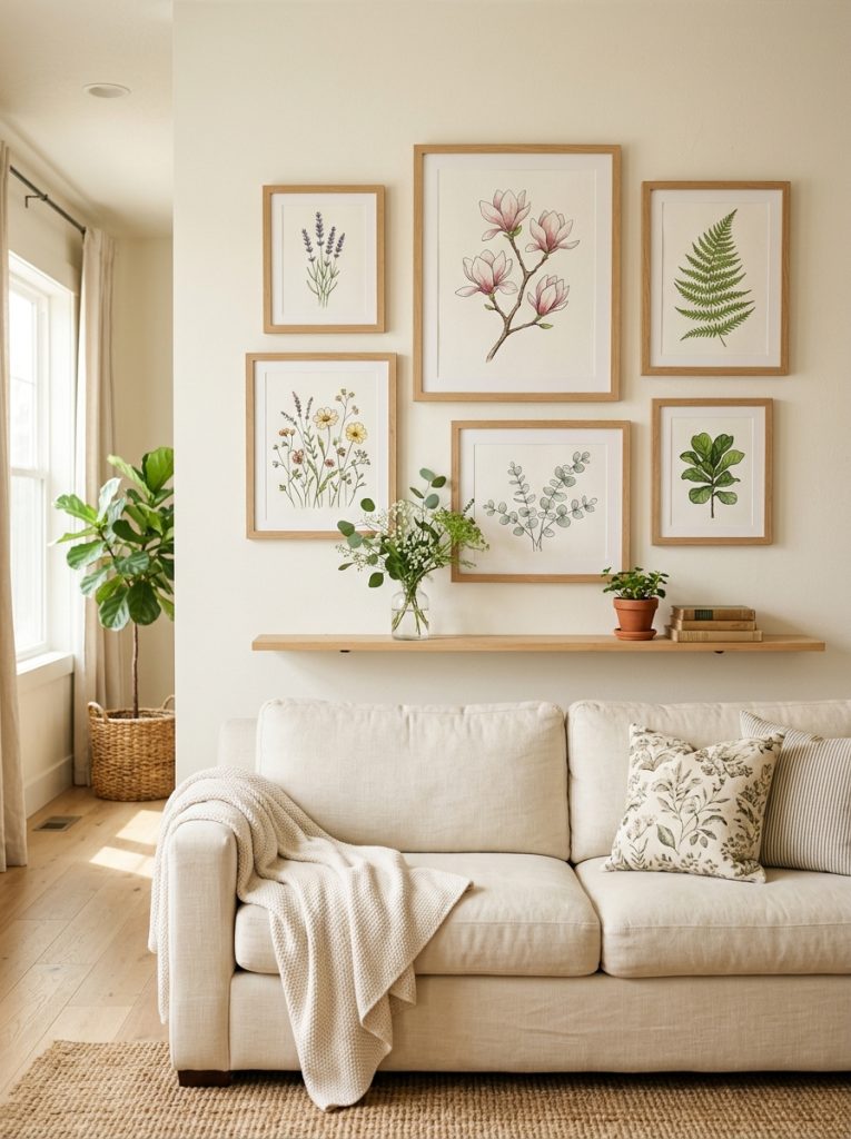 Spring botanical gallery wall four six botanical prints natural wood frames arranged loosely cream sofa fresh greenery shelf organic fresh genuinely beautiful