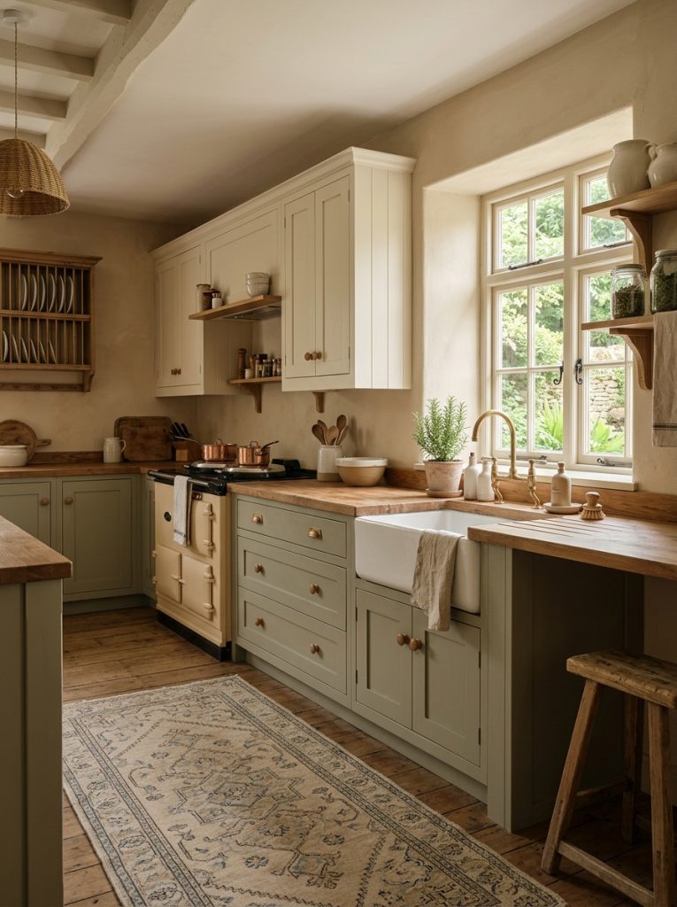 Calm farmhouse kitchen neutral tones soft cream cabinets warm beige walls muted sage green lower cabinets wood accents patterned rug neutral palette deeply calm cozy timeless