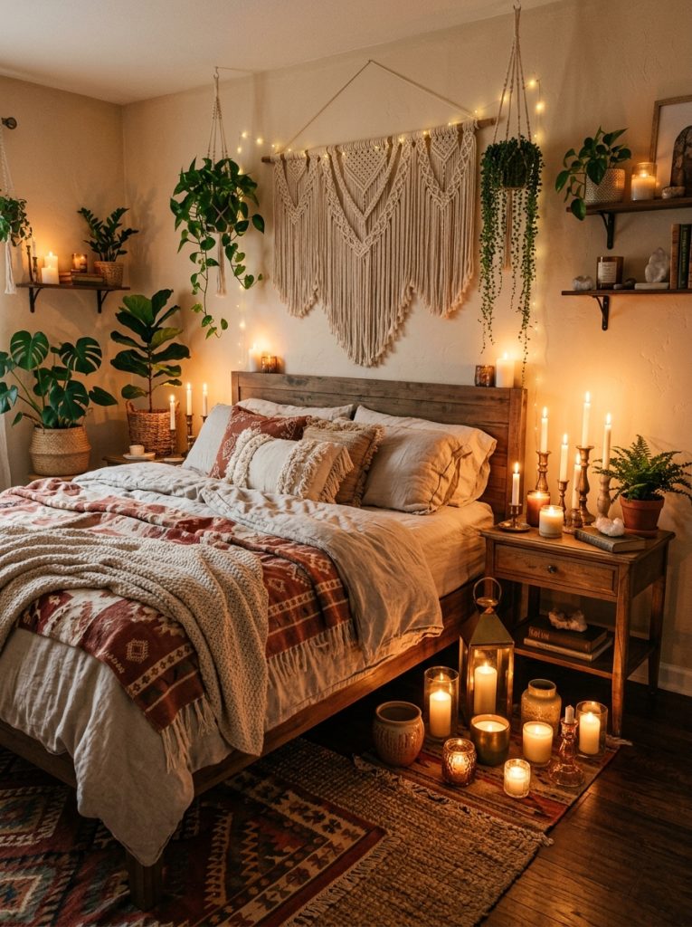 Boho bedroom with multiple candles in brass and ceramic holders on nightstands shelves and floor warm flickering candlelight creating romantic intimate atmosphere with textiles macrame plants