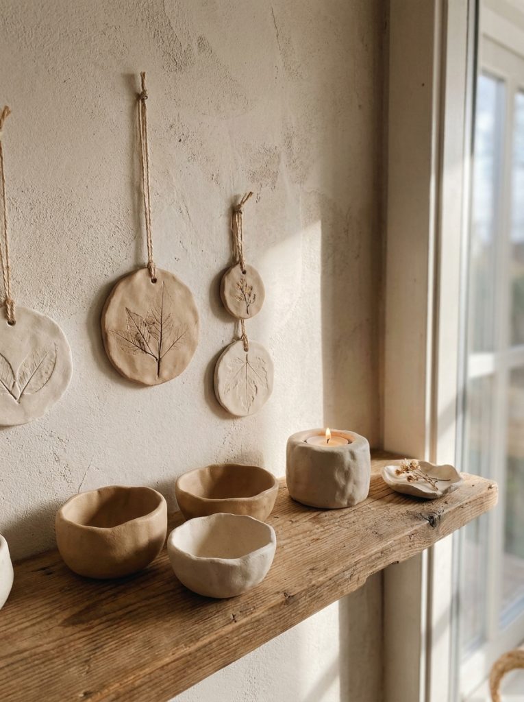 Air dry clay home aesthetic DIY pinch pots leaf wall hangings candle holder trinket dish wooden shelf handcrafted organic
