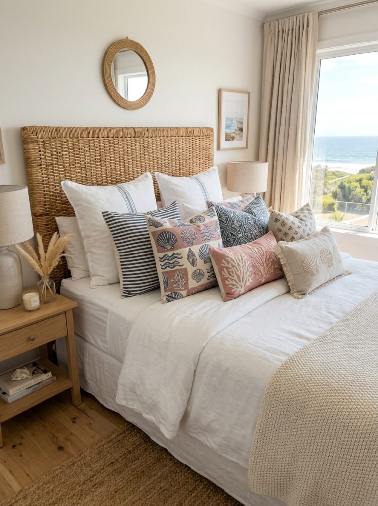 Coastal bedroom bed with pink blue and cream throw pillows striped wave pattern shell and geometric coastal prints on white linen bedding rattan headboard