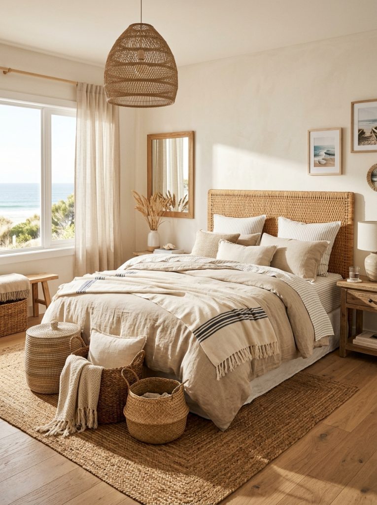 Coastal bedroom celebrating natural textures rattan headboard jute rug woven basket linen bedding seagrass pendant light cotton throw multiple materials layering rich organic coastal texture