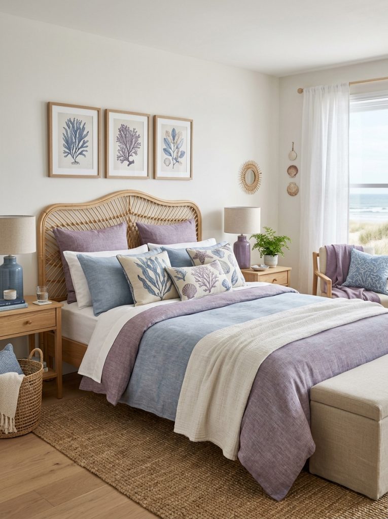 Purple and blue coastal bedroom with dusty purple and soft blue bedding accent pillows coastal botanical prints rattan headboard natural linen white base tones in perfect coastal harmony