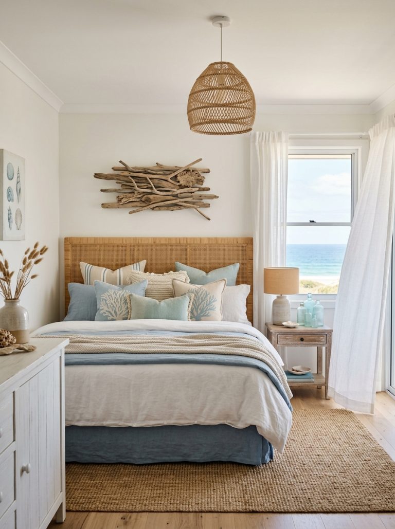Beautiful coastal bedroom with rattan headboard white and blue linen bedding coastal throw pillows sheer white curtains jute rug driftwood wall art sea glass bottles and rattan pendant light