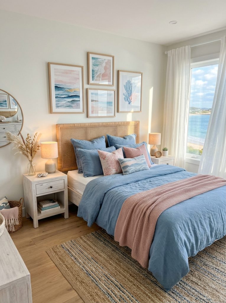 Pink and blue coastal bedroom with soft blue linen bedding dusty pink accent pillows rattan headboard whitewashed wood nightstands sheer white curtains pink and blue coastal artwork