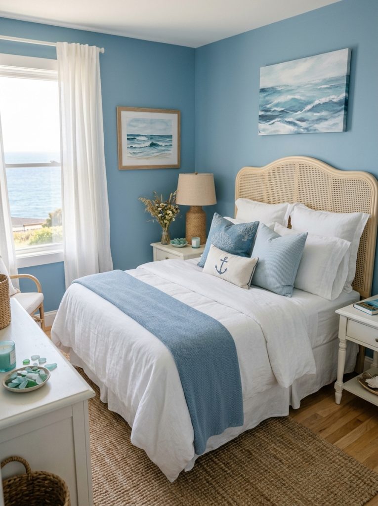 Blue coastal bedroom with ocean blue walls white linen bedding rattan headboard coastal blue throw pillows sheer white curtains white wood furniture sea glass accessories nightstand