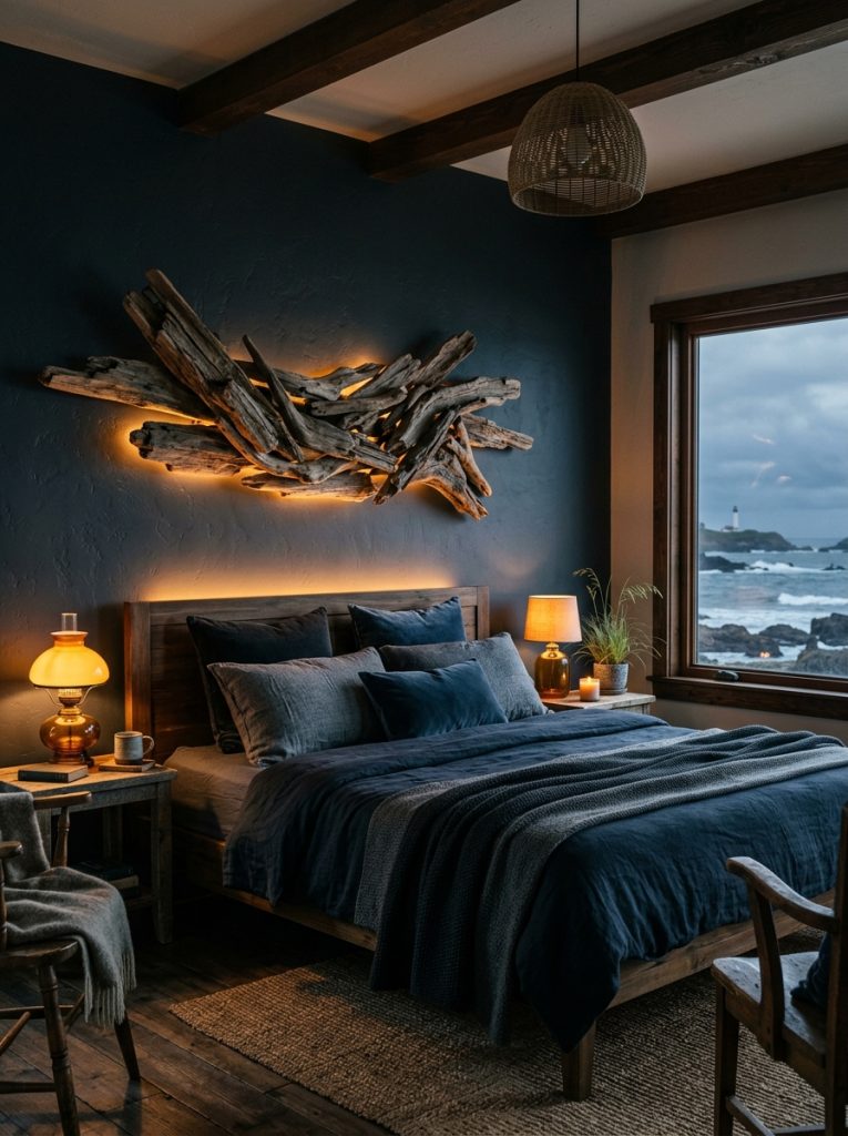 Moody coastal bedroom with dark walls driftwood wall art statement piece above bed natural sculptural wood warm amber lighting highlighting texture layered dark coastal textiles