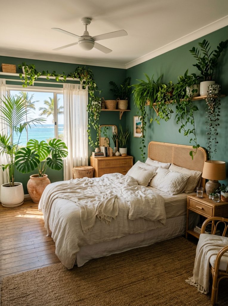 Green coastal bedroom with tropical sea grass green walls abundant plants monstera palm trailing plants white ceramic terracotta pots natural linen bedding rattan furniture tropical coastal