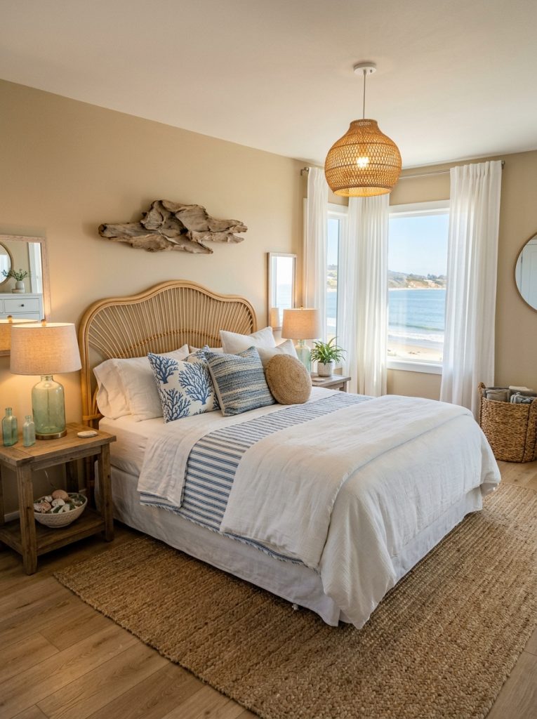  Complete coastal bedroom with rattan headboard white blue linen bedding coastal pillows sheer curtains jute rug driftwood wall art rattan pendant light sea glass seashell bowl woven basket perfect peaceful retreat