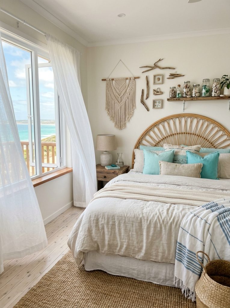  Coastal boho bedroom with white linen bedding sea glass blue pillows rattan headboard driftwood wall decor macrame shells in glass jars and sheer curtains in breezy light