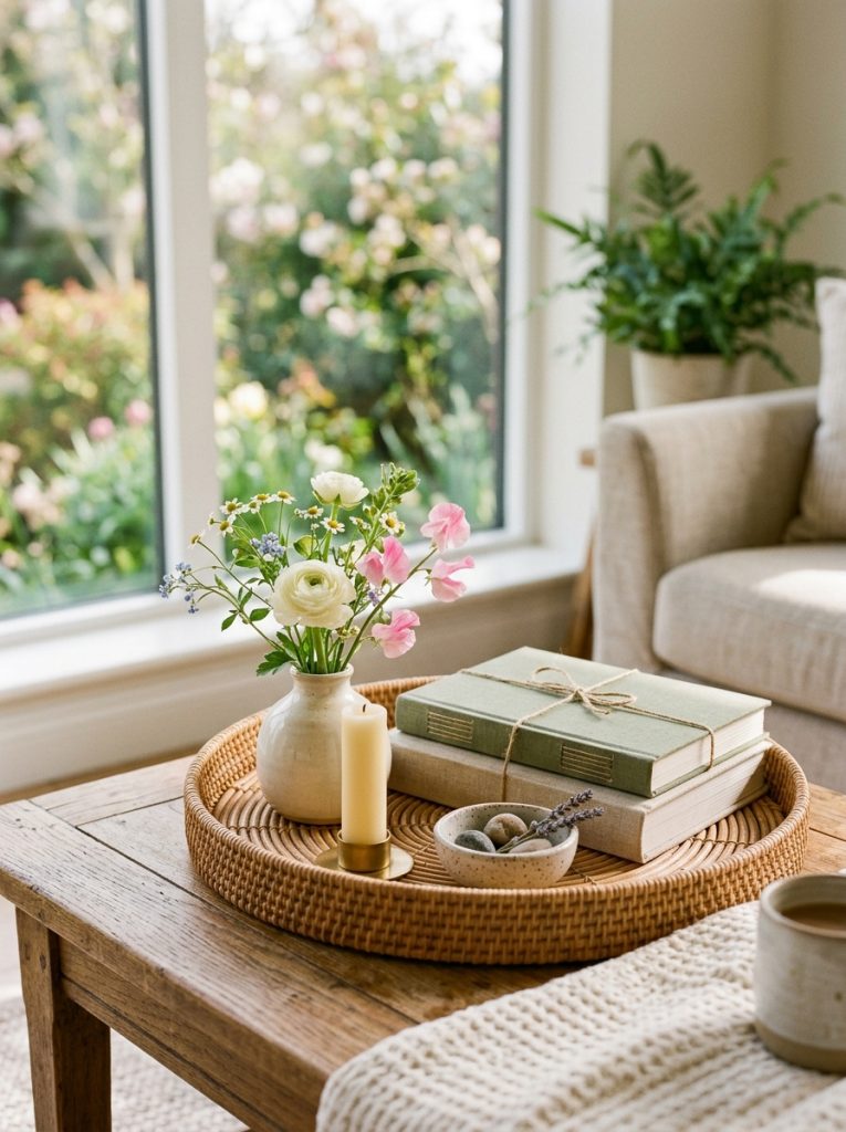 Spring coffee table vignette rattan tray small bud vase spring flowers white candle tiny ceramic bowl linen books intentional calm completely seasonal