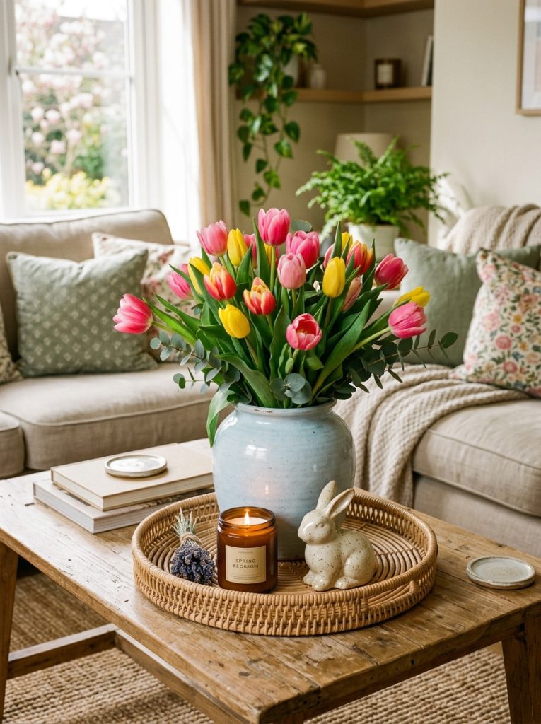 Spring living room coffee table large vase bright fresh tulips pink yellow tones rattan tray candle ceramic piece cheerful seasonal centerpiece