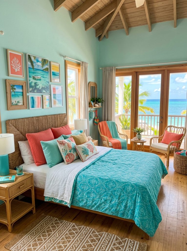 Colorful coastal bedroom with coral turquoise aqua sandy yellow in bedding pillows wall art rattan furniture natural textures joyful Caribbean beachside villa atmosphere