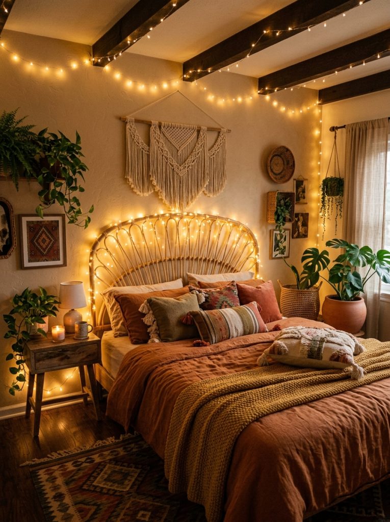 Cozy boho bedroom with warm white fairy lights draped around rattan headboard creating magical warm glow with layered earth tone bedding macrame and plants