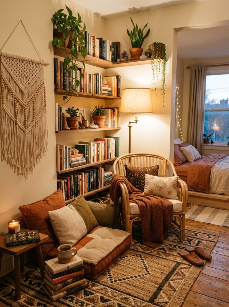Cozy boho bedroom reading nook corner with floor cushion small chair earthy tones floor lamp shelves with books plants macrame woven rug intimate reading corner