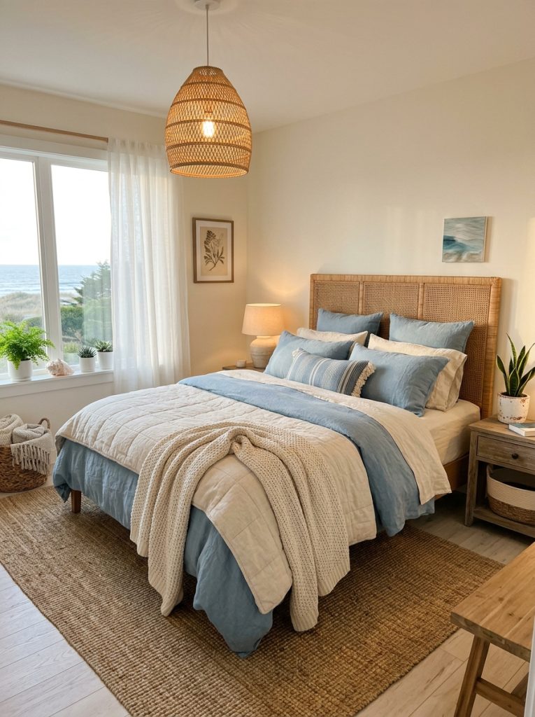 Cozy coastal bedroom with layered cream blue linen bedding chunky cotton throw rattan headboard warm rattan pendant light jute rug sheer curtains plants white pots snug and coastal