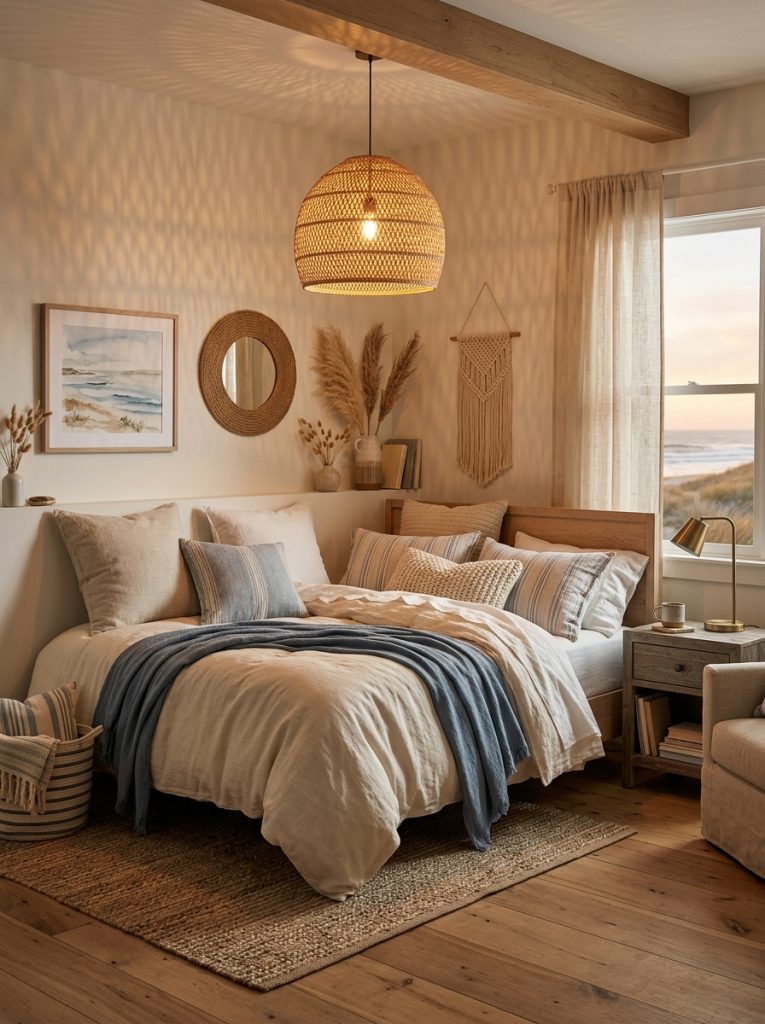 Cozy coastal bedroom with warm rattan pendant light above bed casting beautiful dappled light through woven texture layered cream and blue linen bedding natural textures