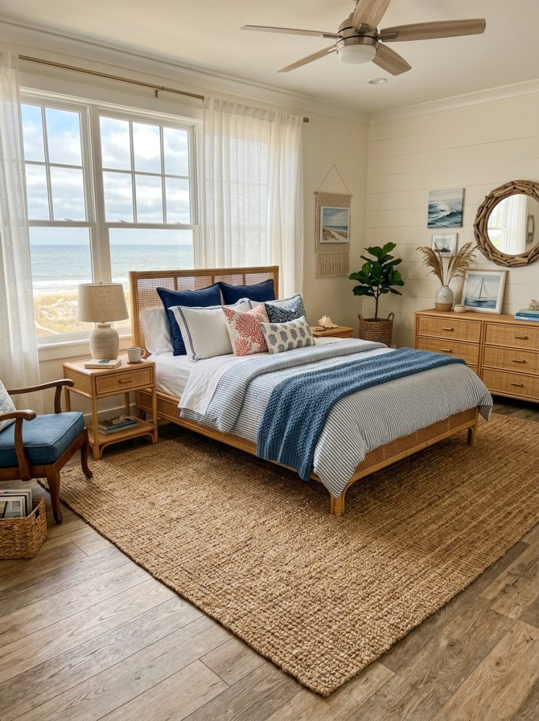 Cozy coastal bedroom with large natural jute rug covering floor adding warmth and texture white and blue bedding rattan furniture jute grounding the whole coastal palette