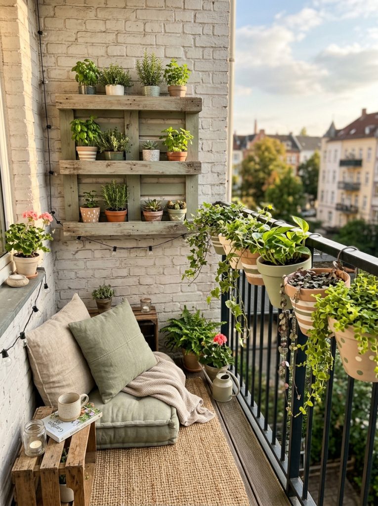 DIY balcony decor hand-painted terracotta pots railing vertical pallet planter linen cushion covers personal charming
