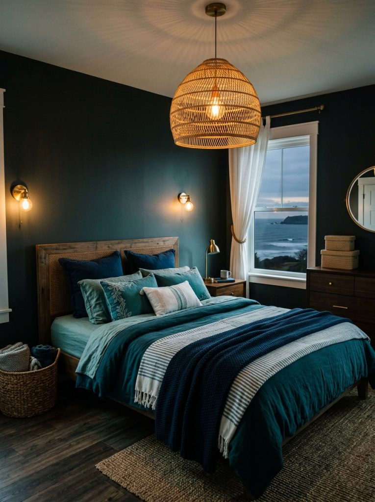 Dark coastal bedroom with charcoal deep teal walls layered deep blue teal bedding white linen accents brass fixtures rattan pendant light woven baskets sophisticated coastal retreat