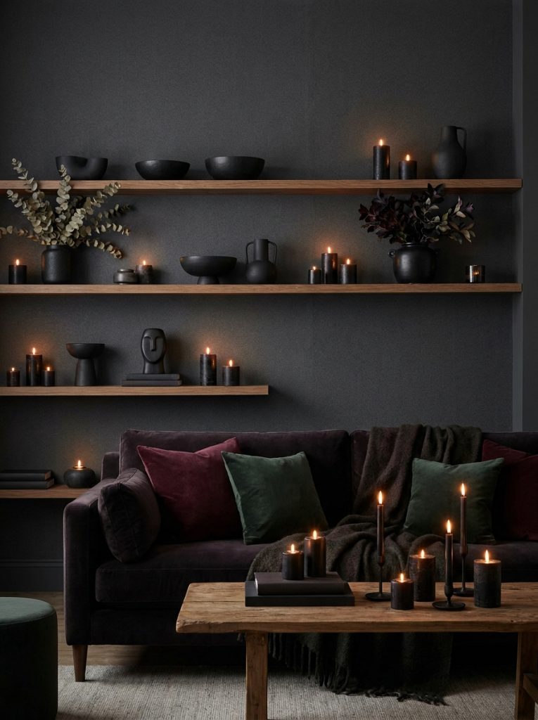Dark home aesthetic DIY room charcoal accent wall dark ceramics dried botanicals black candle holders velvet cushions burgundy forest green moody atmospheric