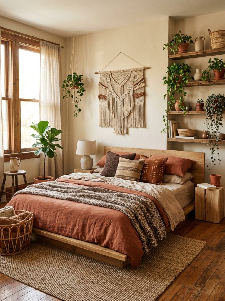 Earthy boho bedroom with natural wood platform bed jute rug terracotta pillows woven wall hanging trailing plants clay pot planters warm earth tone palette